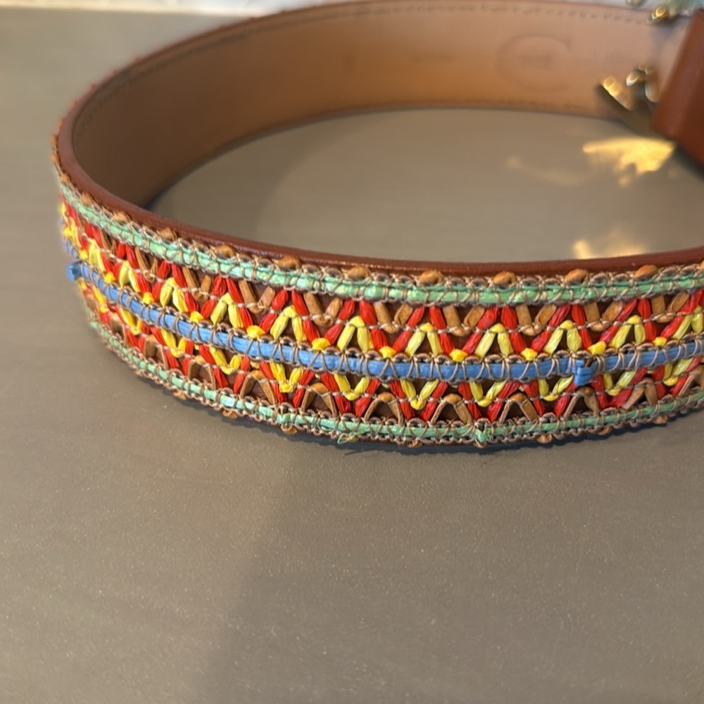 Just Cavalli Raffia Summer Tan Leather Belt with Gold Accents - Picture 6 of 9